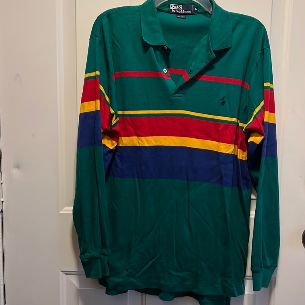 Ralph Lauren Green w/ stripes long sleeve polo, large, old school, great shape